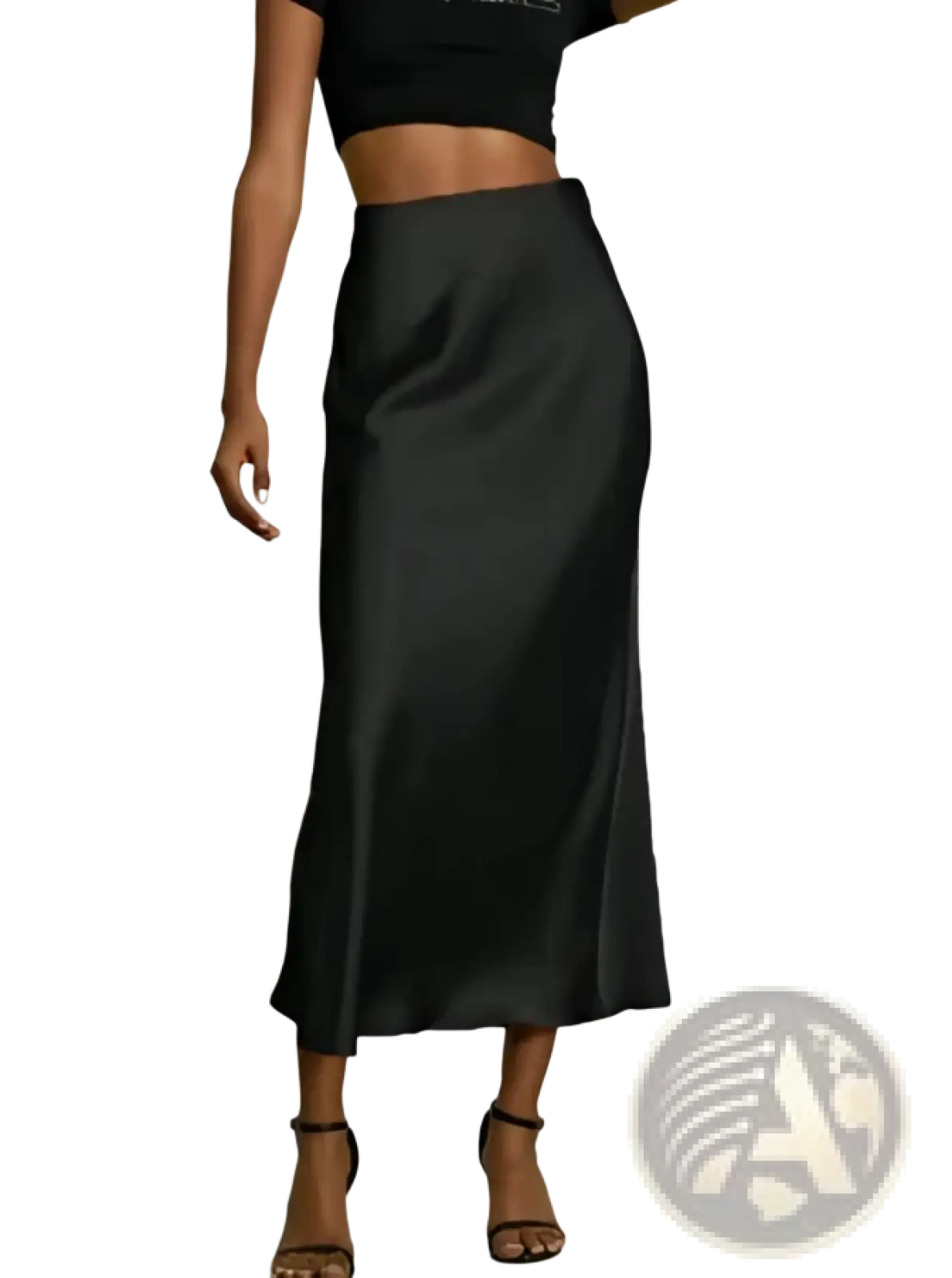 Black satin midi skirt with sleek high-waisted design and subtle side slit from satin midi skirt silk high waisted flowing rose gold collection
