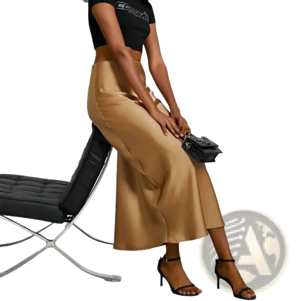 A sleek high-waisted gold satin midi skirt with a flowing drape in rose gold silk material