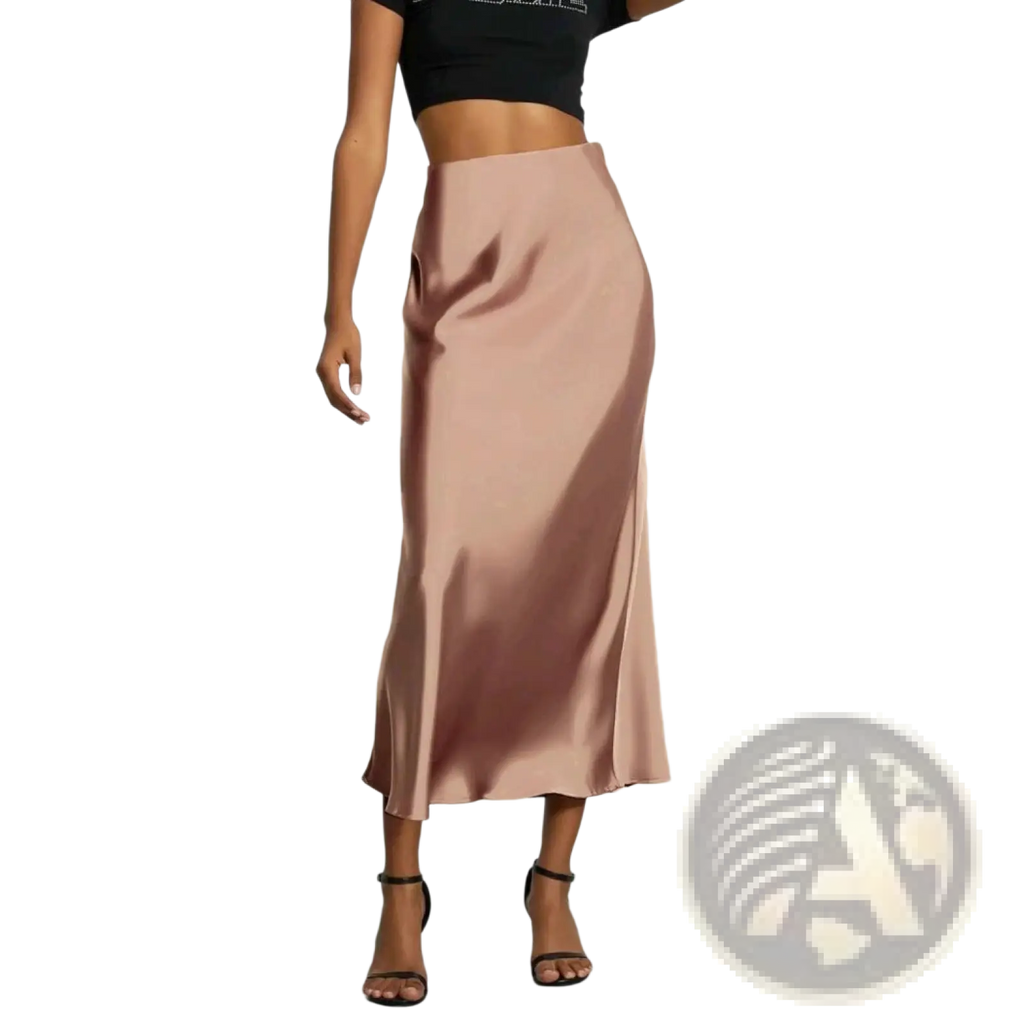 A flowing satin midi skirt in soft rose gold with subtle sheen and side slit high waisted silk design