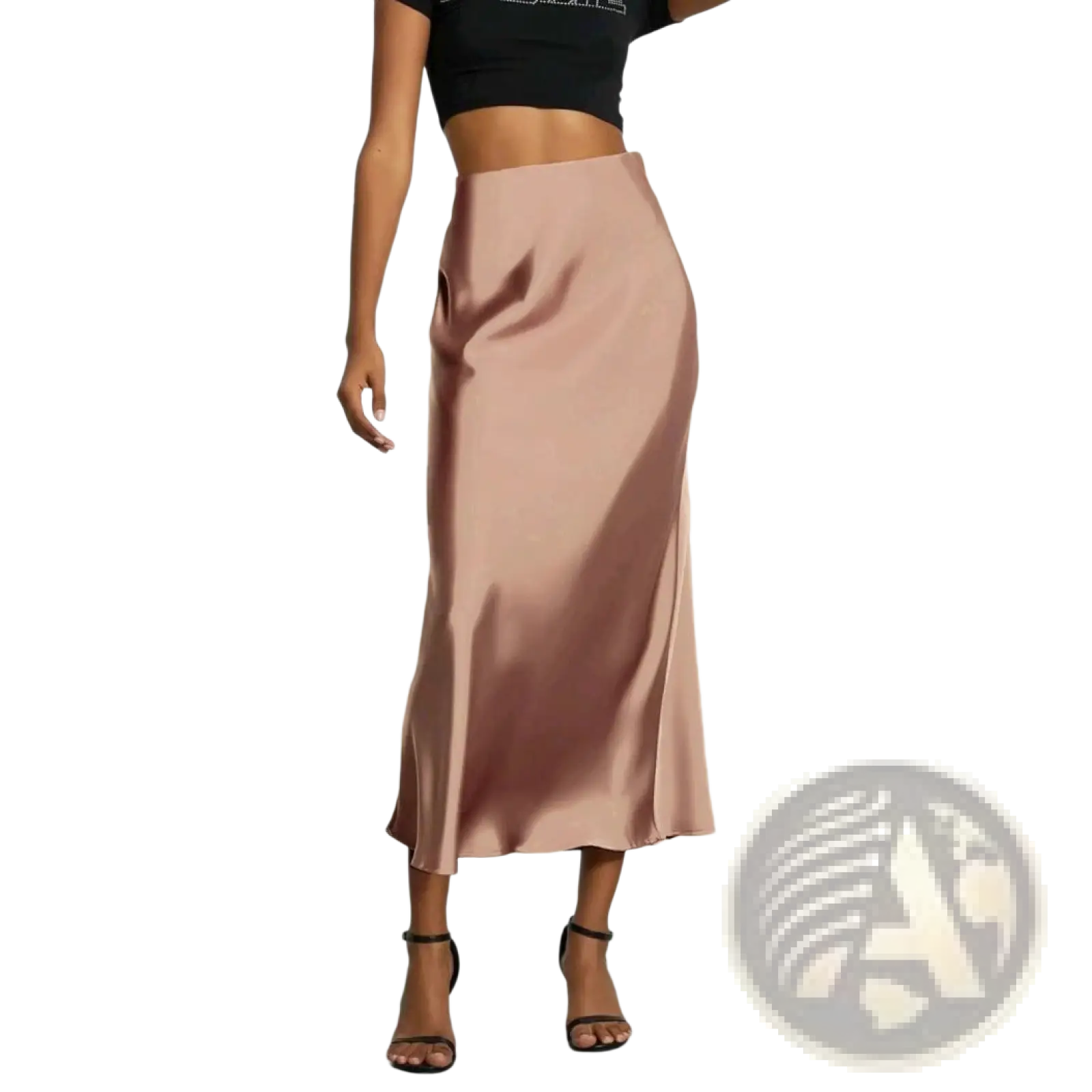 A flowing satin midi skirt in soft rose gold with subtle sheen and side slit high waisted silk design