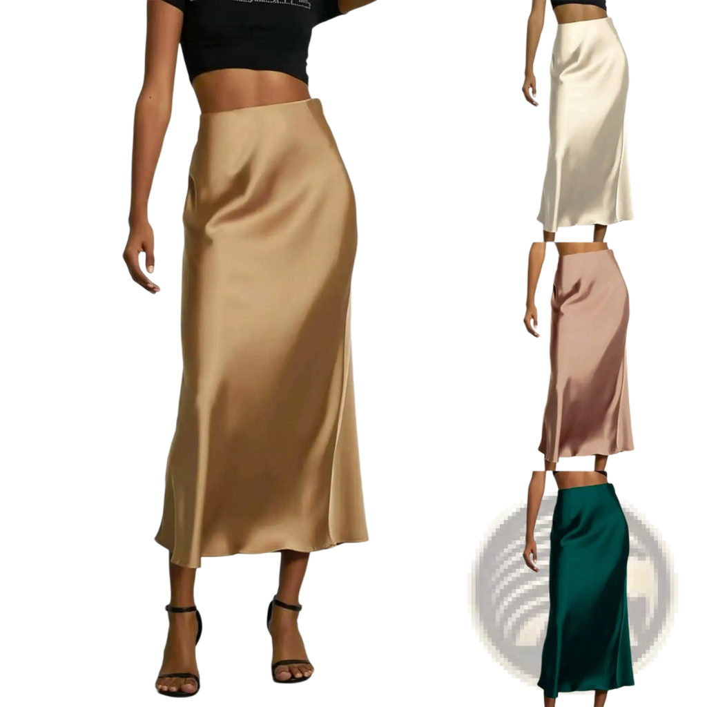 A sleek high waisted satin midi skirt in warm gold with a smooth flowing drape and subtle sheen