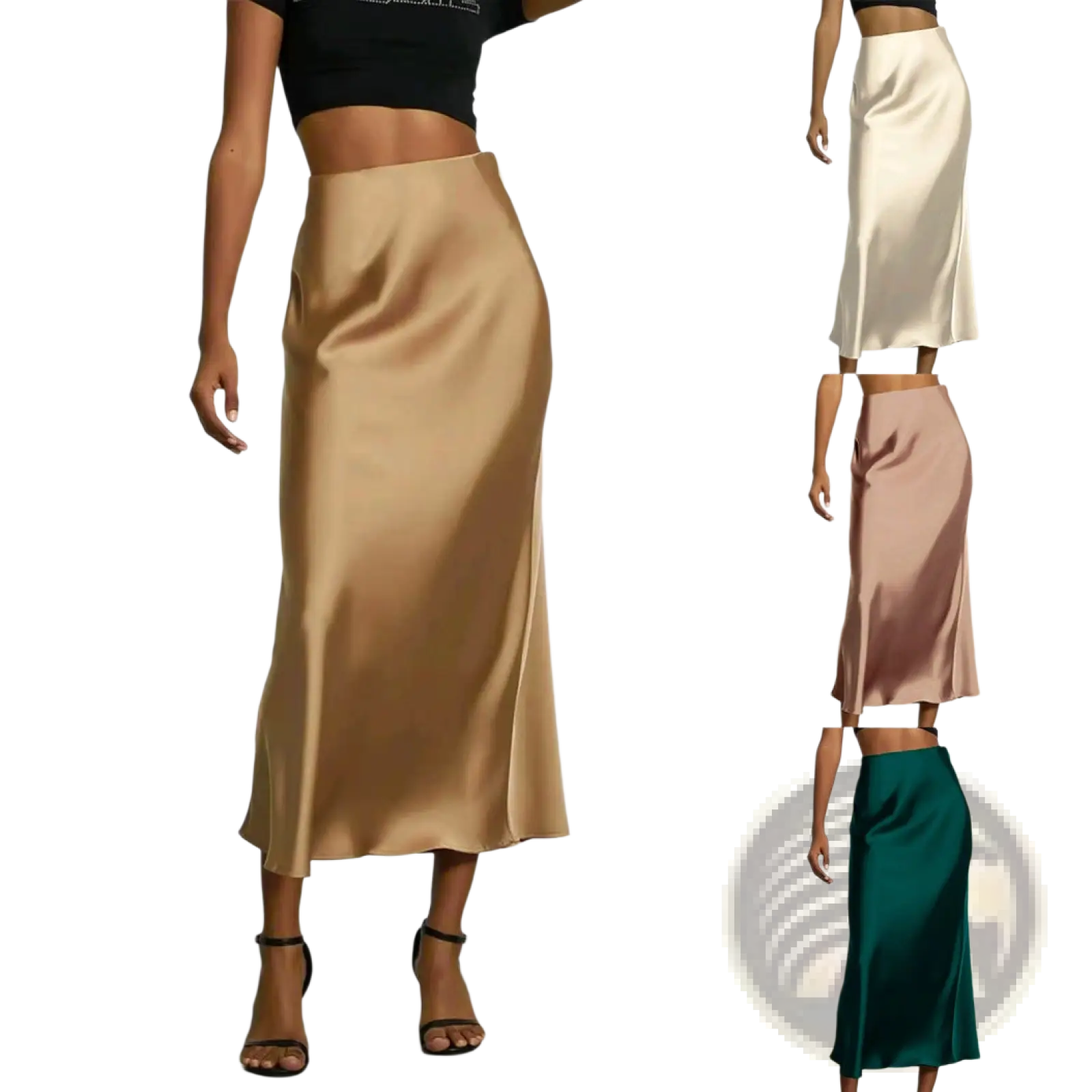 A sleek high waisted satin midi skirt in warm gold with a smooth flowing drape and subtle sheen