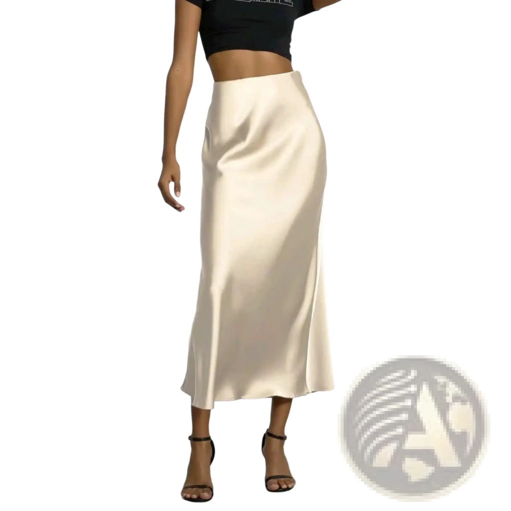 Cream-colored satin midi skirt with sleek side slit high waisted flowing rose gold silk fabric design