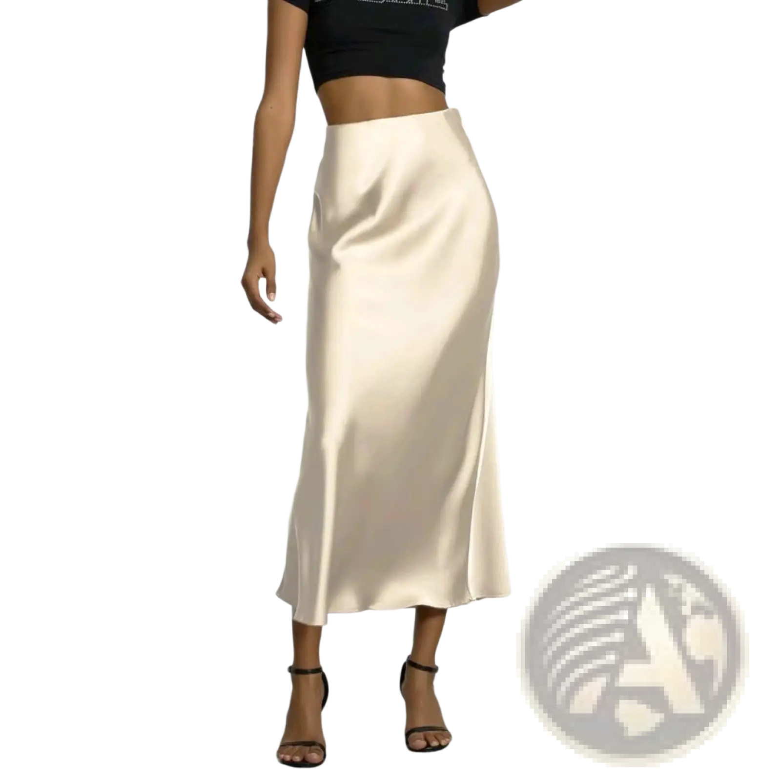 Cream-colored satin midi skirt with sleek side slit high waisted flowing rose gold silk fabric design