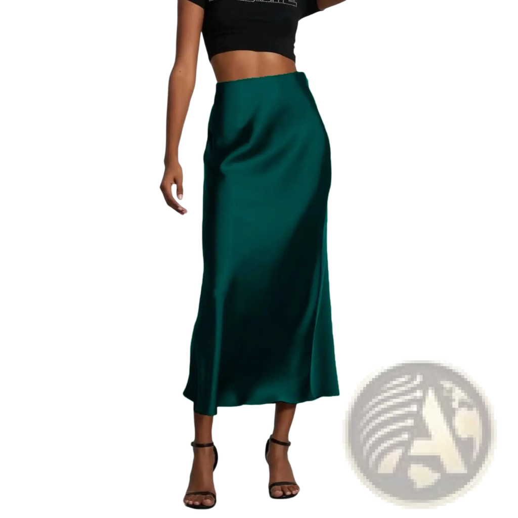 Emerald green satin midi skirt with a sleek flowing silhouette from the satin midi skirt silk high waisted flowing rose gold line