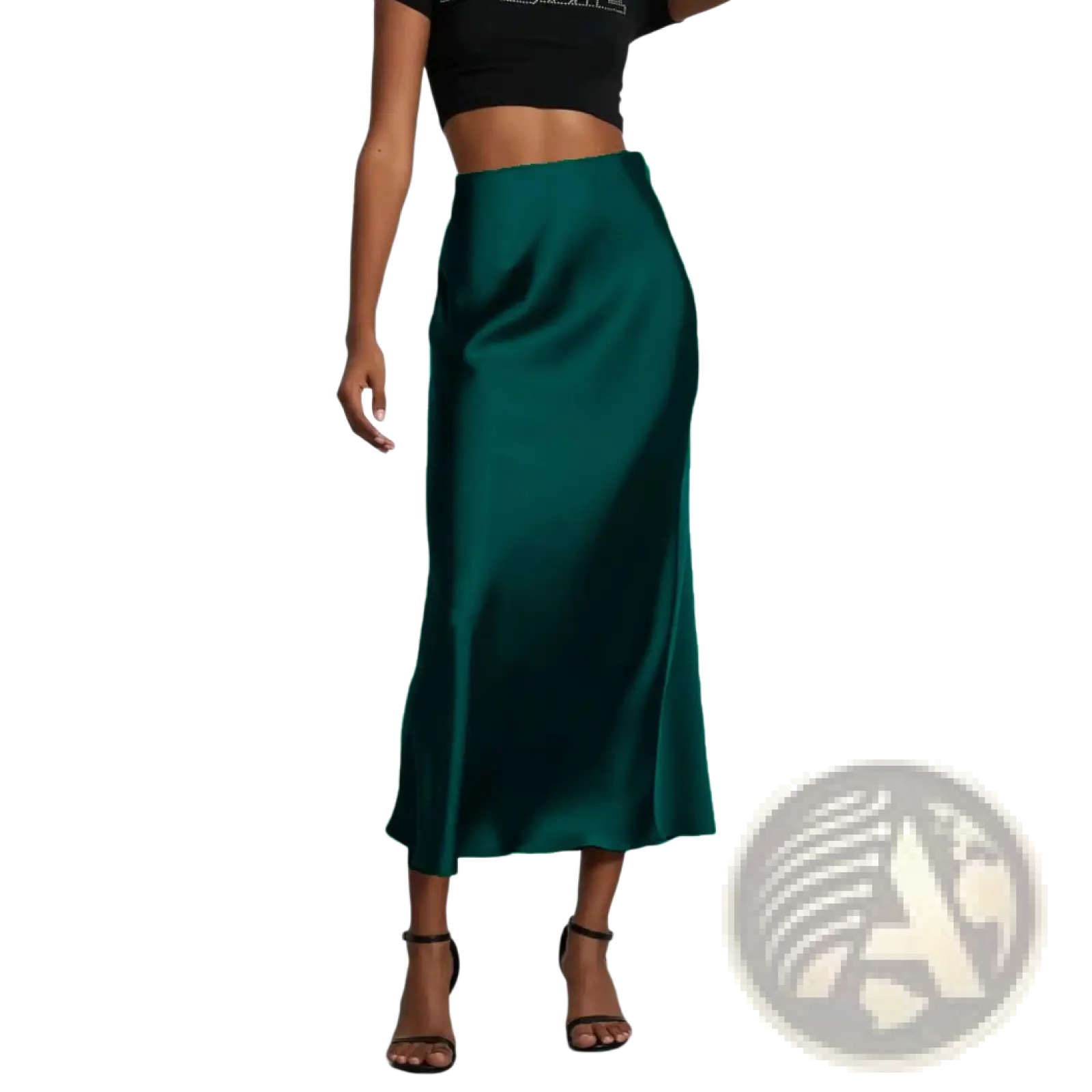 Emerald green satin midi skirt with a sleek flowing silhouette from the satin midi skirt silk high waisted flowing rose gold line