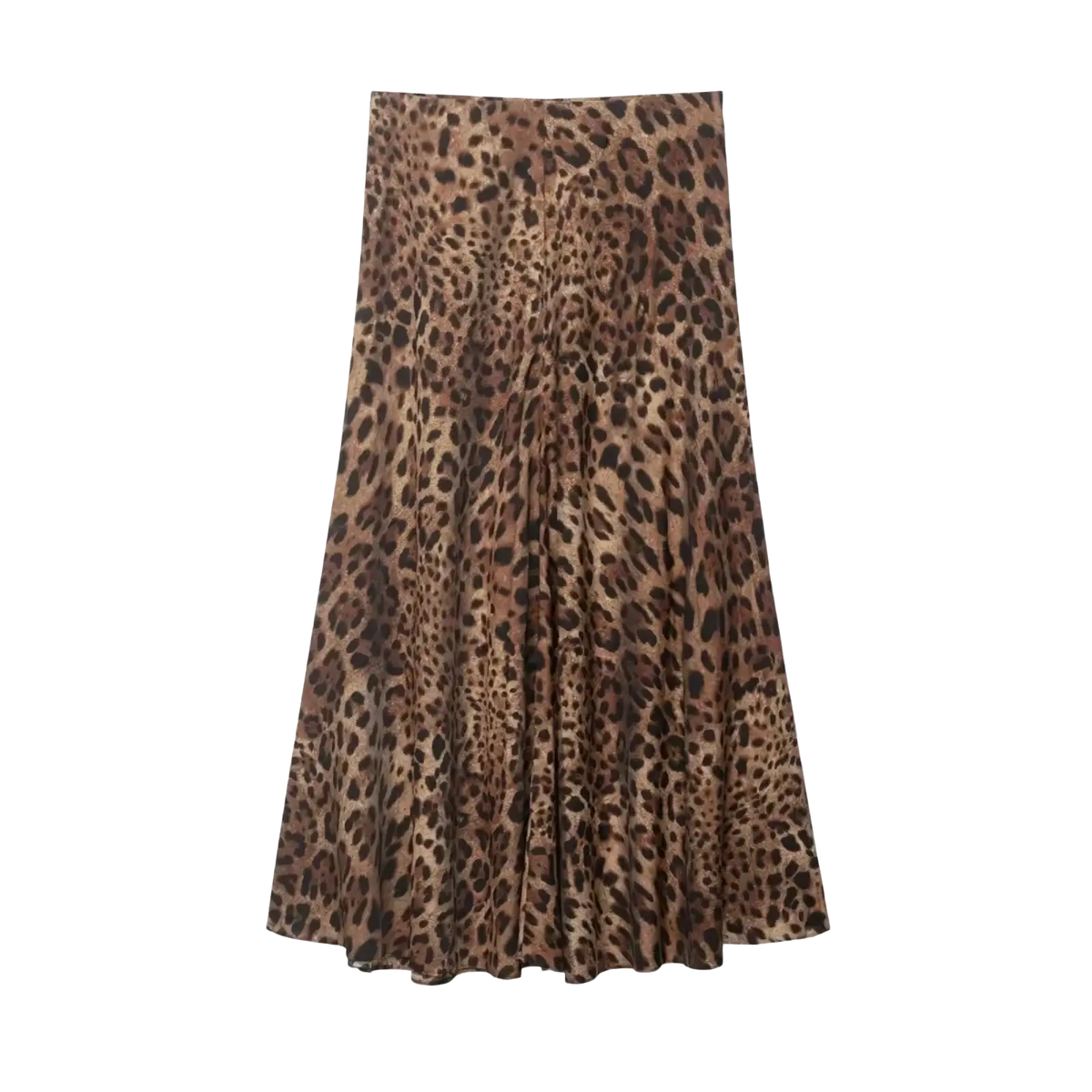 A satin pleated midi skirt with high waist a line design in classic leopard print with brown and black spots on tan fabric