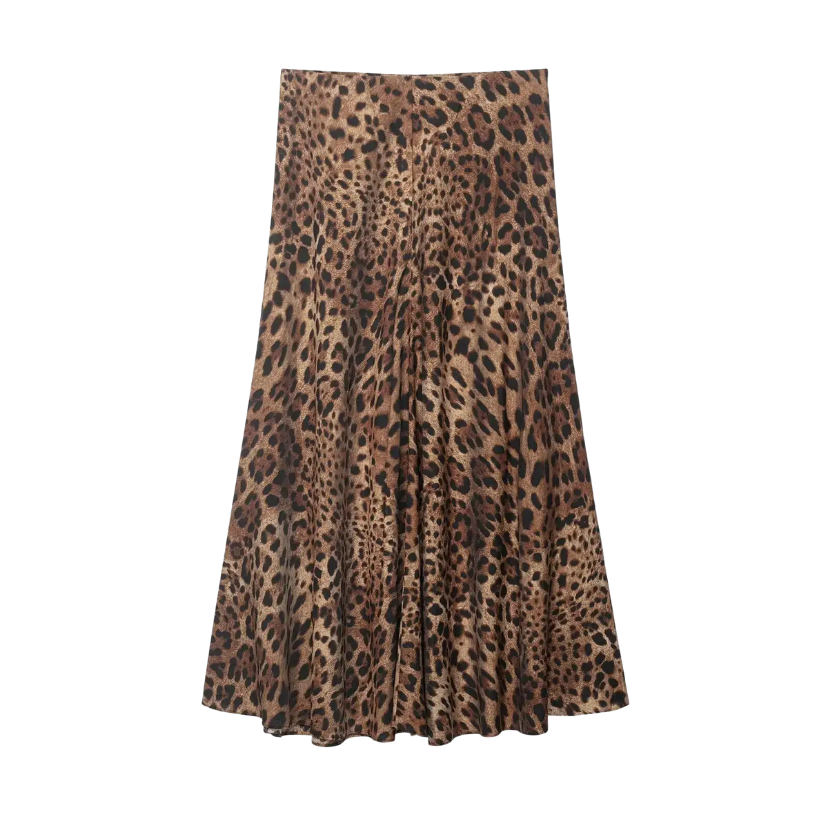 Satin pleated midi skirt high waist a line with flowing fabric and classic leopard print in brown and black on tan base