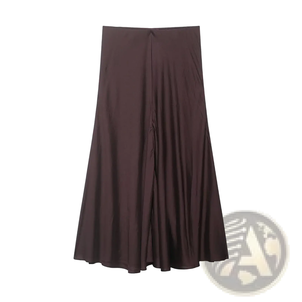 A sleek dark brown satin pleated midi skirt with high waist and a smooth flowing a-line silhouette