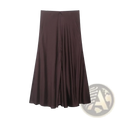 A sleek dark brown satin pleated midi skirt with high waist and a smooth flowing a-line silhouette