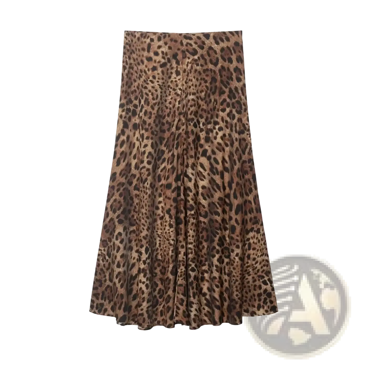 A satin pleated midi skirt with high waist a line design in classic leopard print with brown and black spots on tan fabric