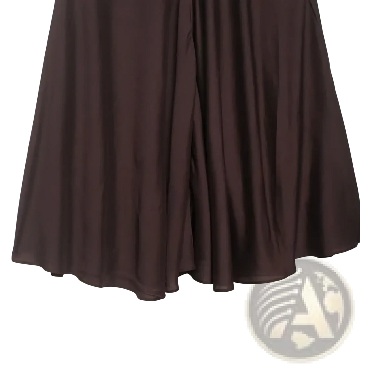 A flowing dark brown satin pleated midi skirt with high waist and a smooth a-line design