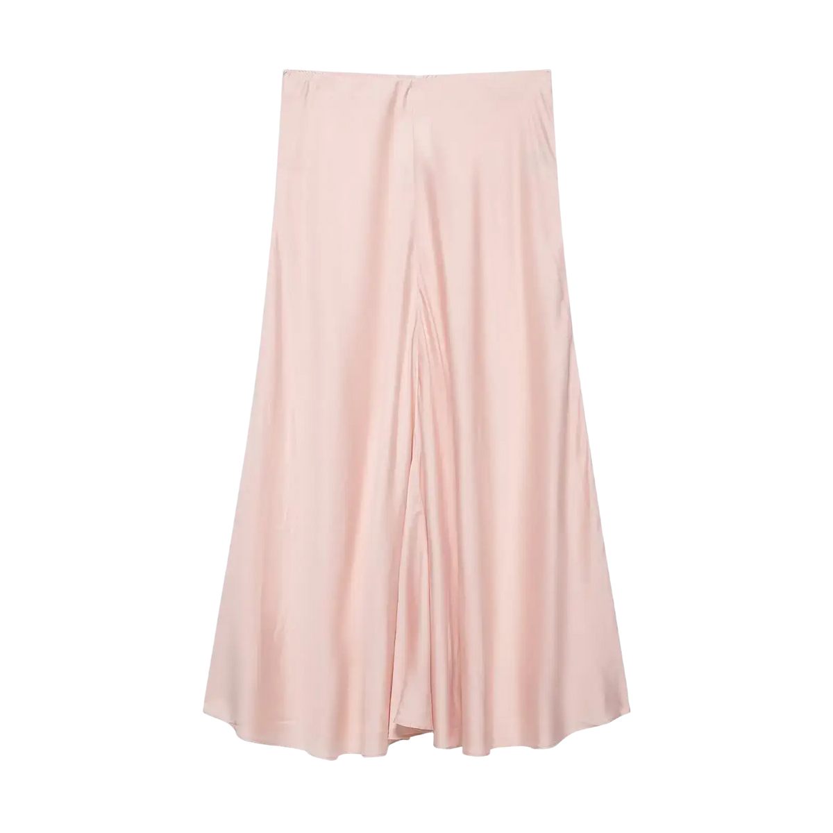 A pale pink satin pleated midi skirt with high waist a-line silhouette and subtle front slit with glossy finish