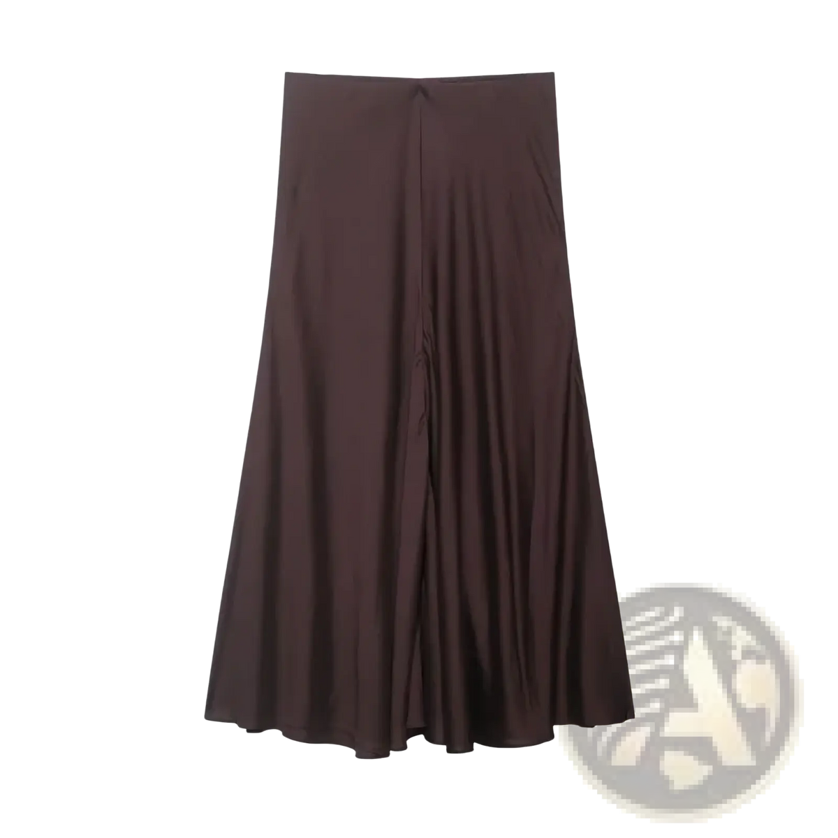 A sleek dark brown satin pleated midi skirt with high waist and subtle vertical seams in flowing fabric
