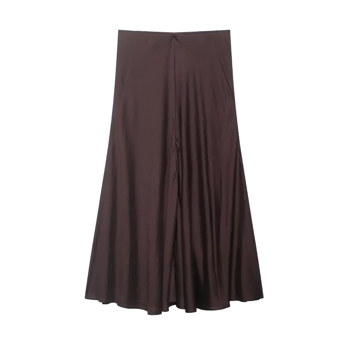 A sleek dark brown high waist satin pleated midi skirt with wide legs and subtle vertical pleats in a smooth finish