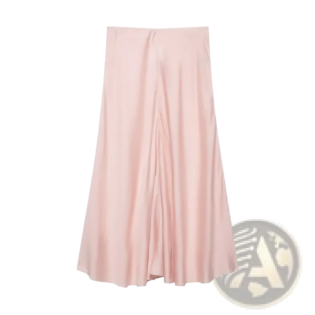 A soft blush pink satin pleated midi skirt with a high waist and flowing A-line silhouette
