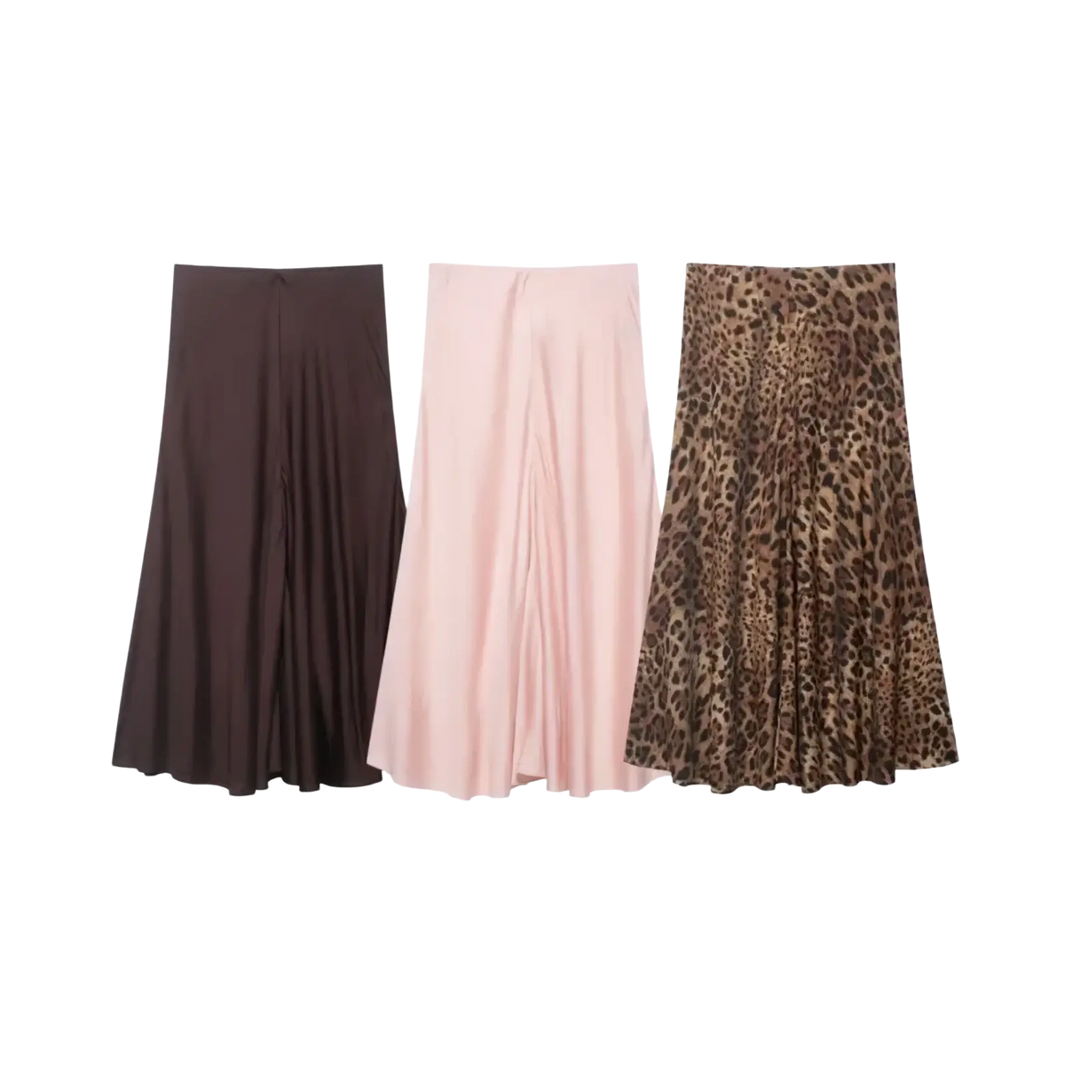 Three satin pleated midi skirts high waist a-line in solid brown soft pink and leopard print colors