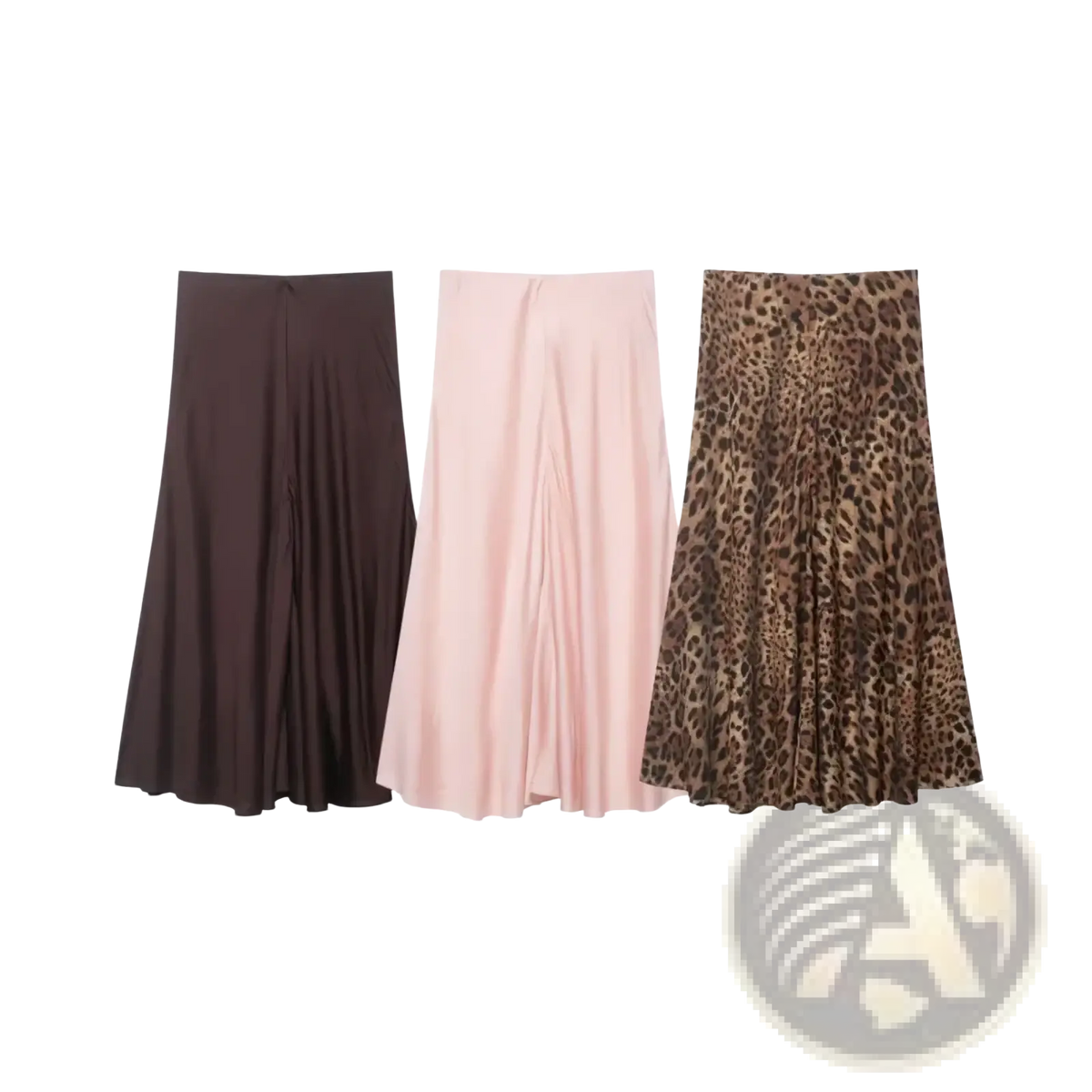 Three satin pleated midi skirts high waist a-line in solid brown soft pink and leopard print colors