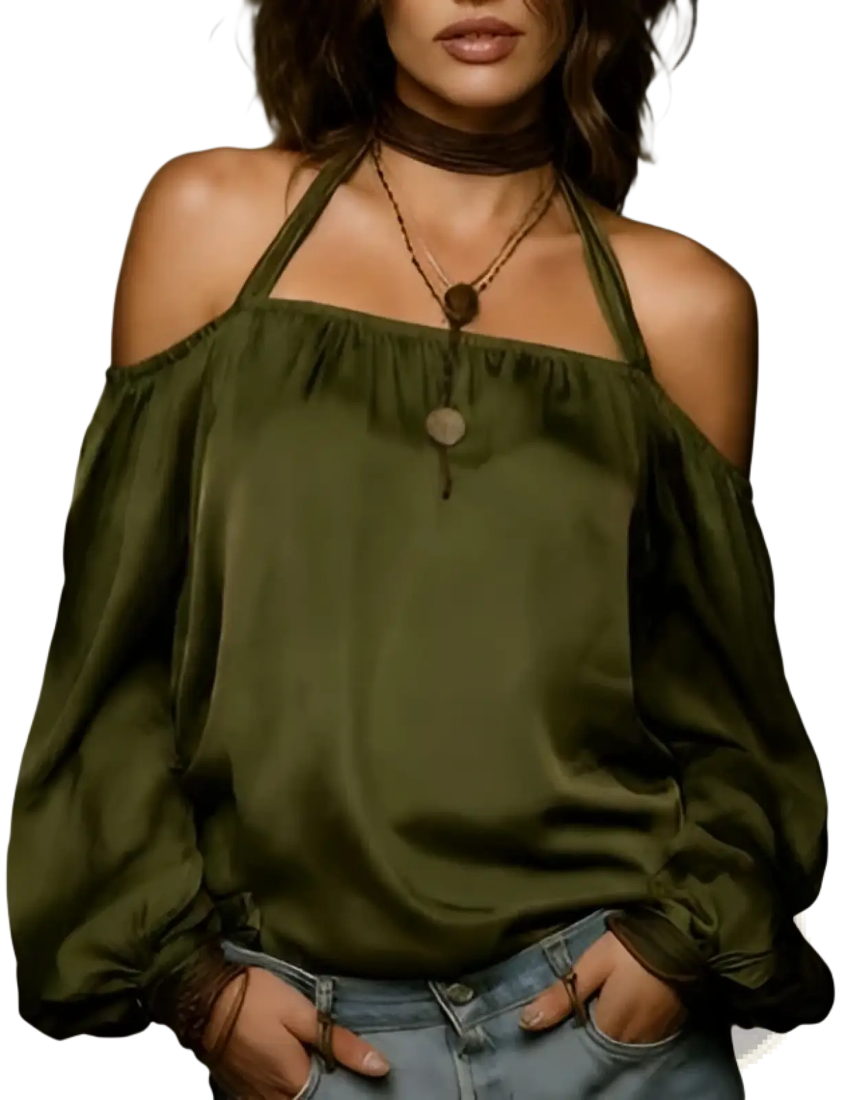 Olive green satin satin puff sleeve halter top with off-the-shoulder ruffled sleeves and halter neckline