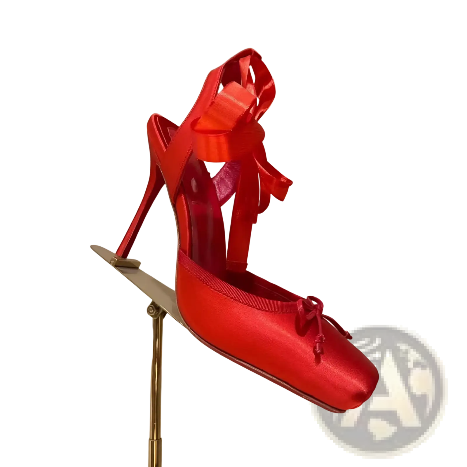 Vibrant red satin ribbon high heel ballet flat with leather sole featuring a bow on the ankle strap and toe knot