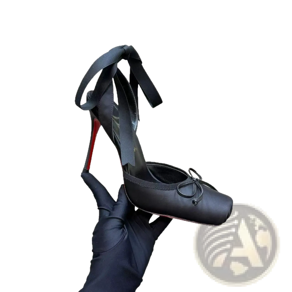 Black satin ballet flat high heel with red sole and ribbon tie featuring leather sole in elegant design