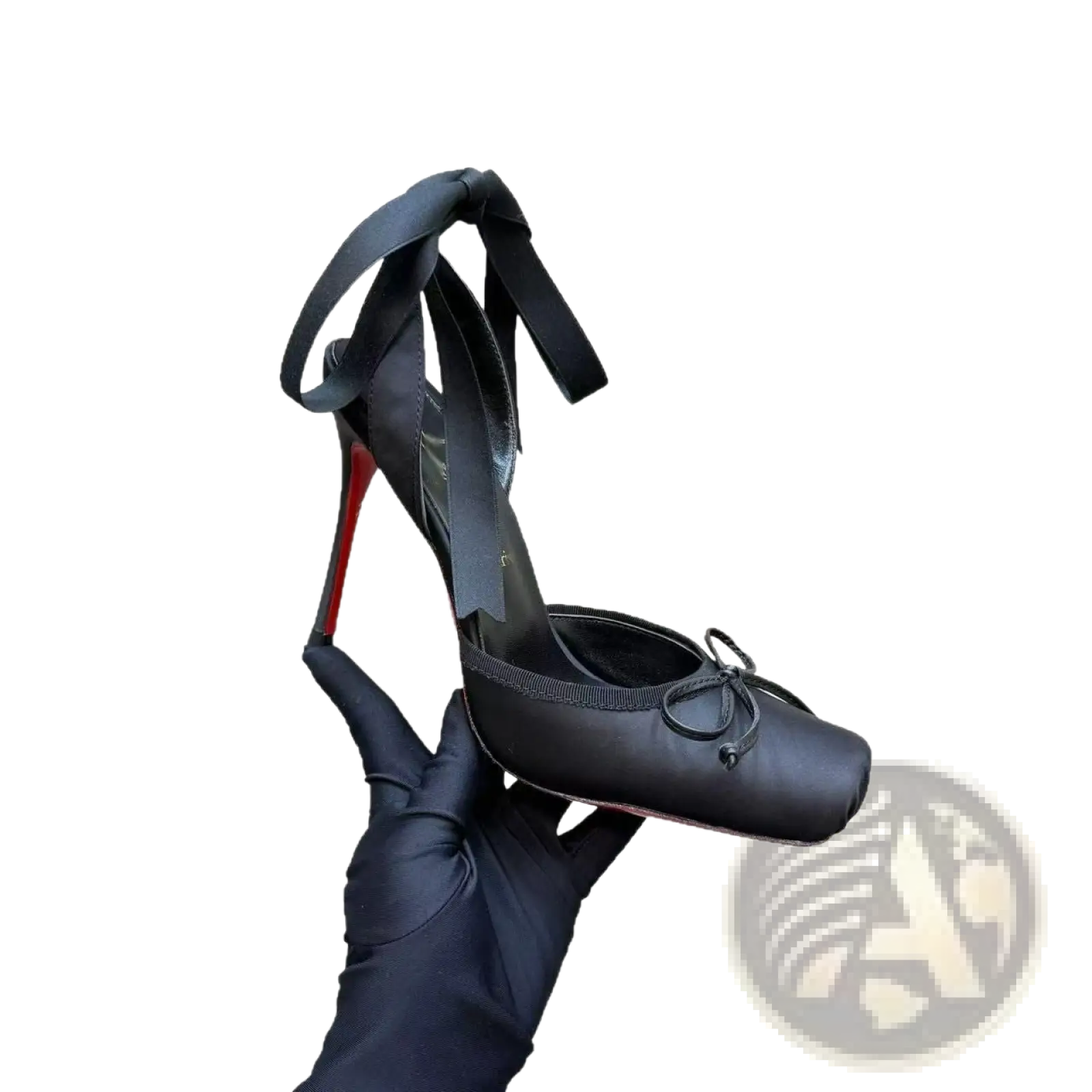Black satin ballet flat high heel with red sole and ribbon tie featuring leather sole in elegant design