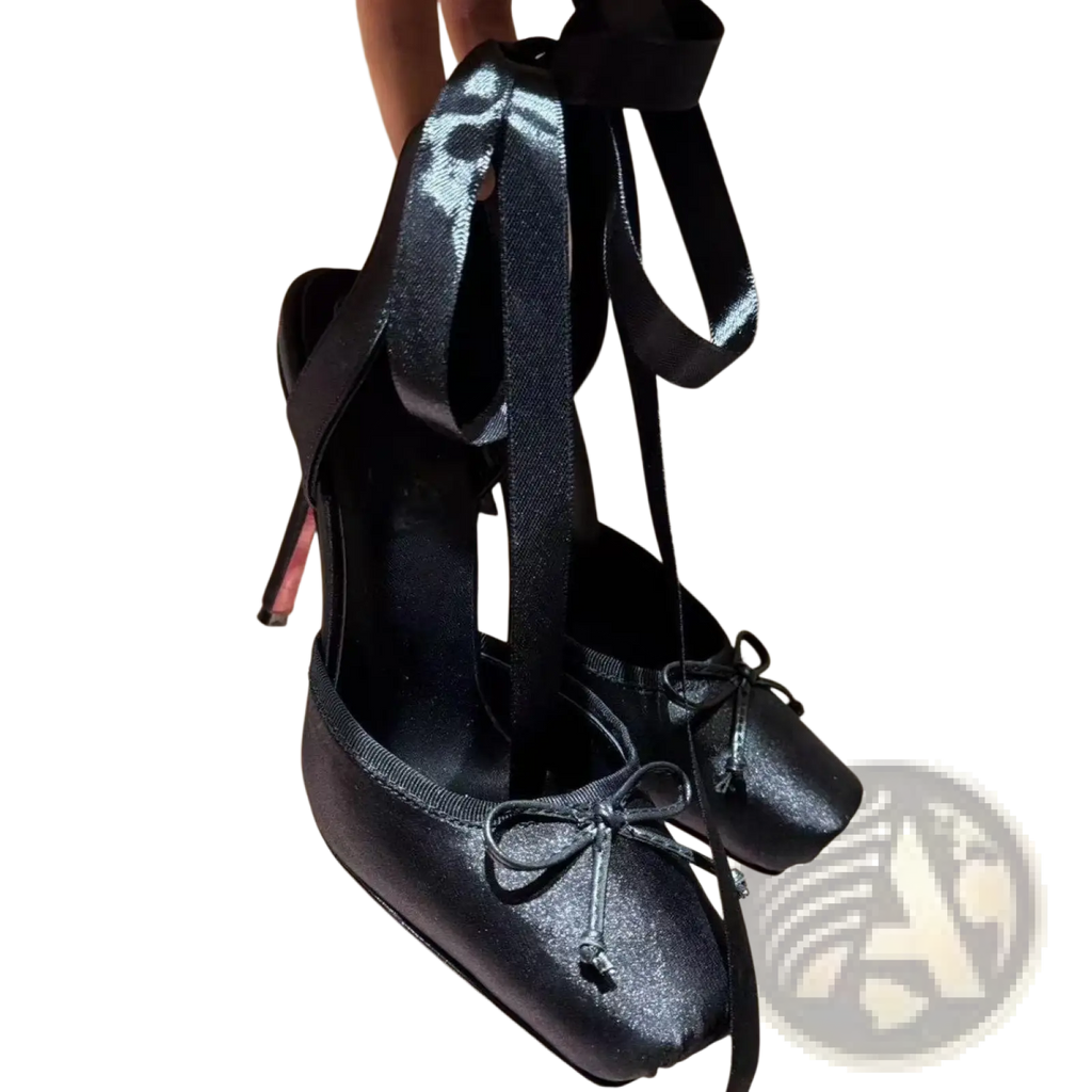 Black satin high heel ballet flats with square toe tied ankle straps decorative bows and leather sole