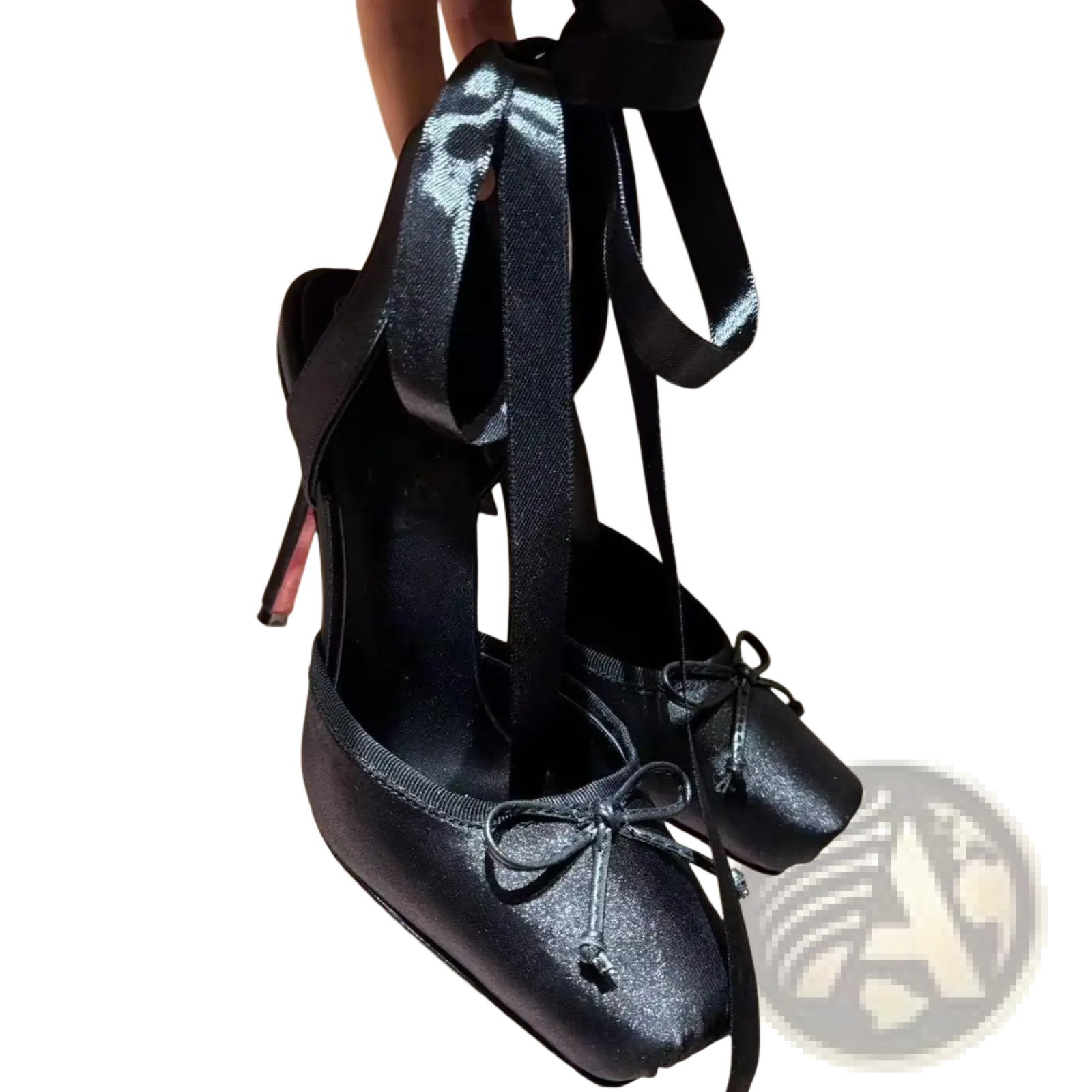 Black satin high heel ballet flats with square toe tied ankle straps decorative bows and leather sole