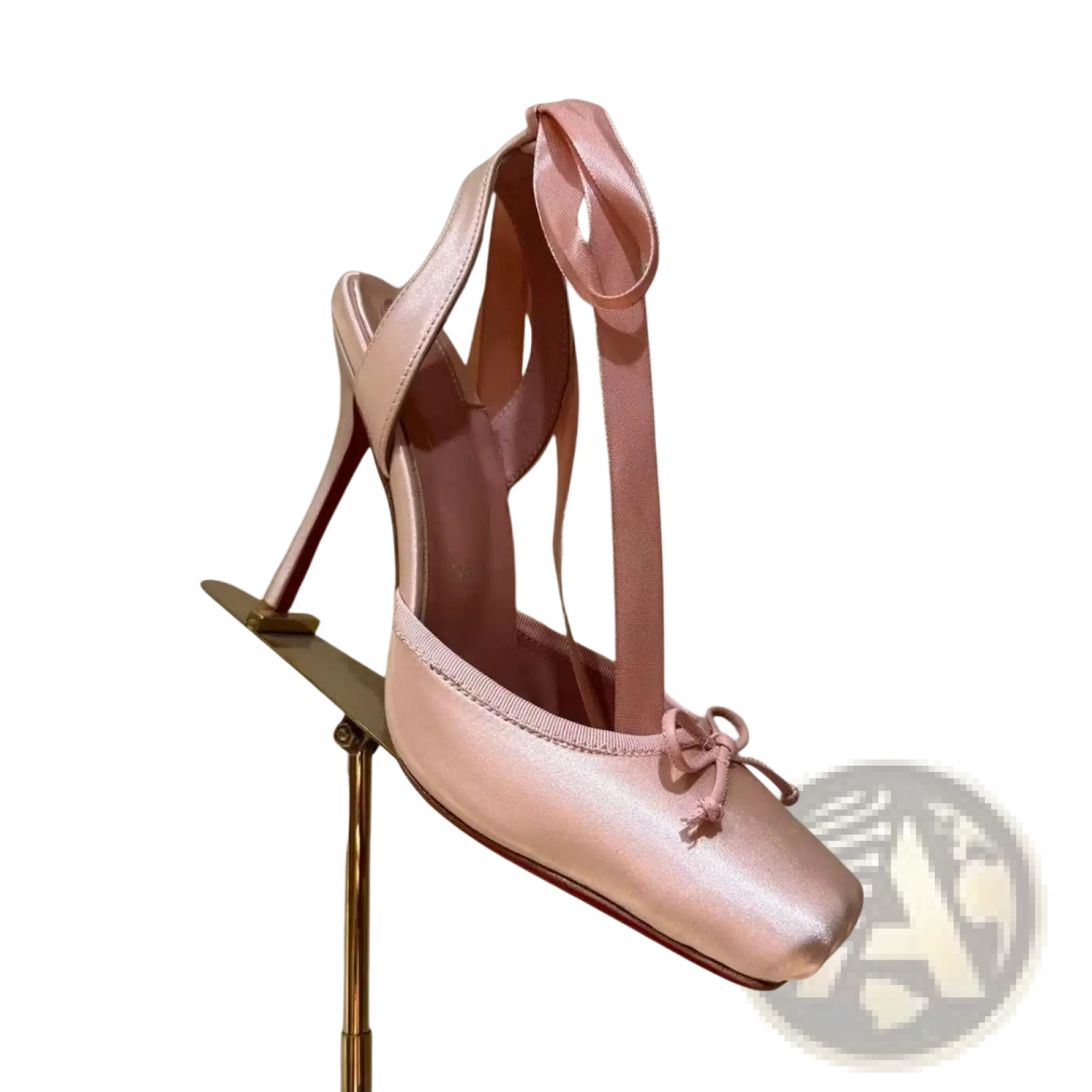 A blush pink satin high-heeled pump with square toe ankle strap bow and leather sole satin ribbon high heel ballet flats