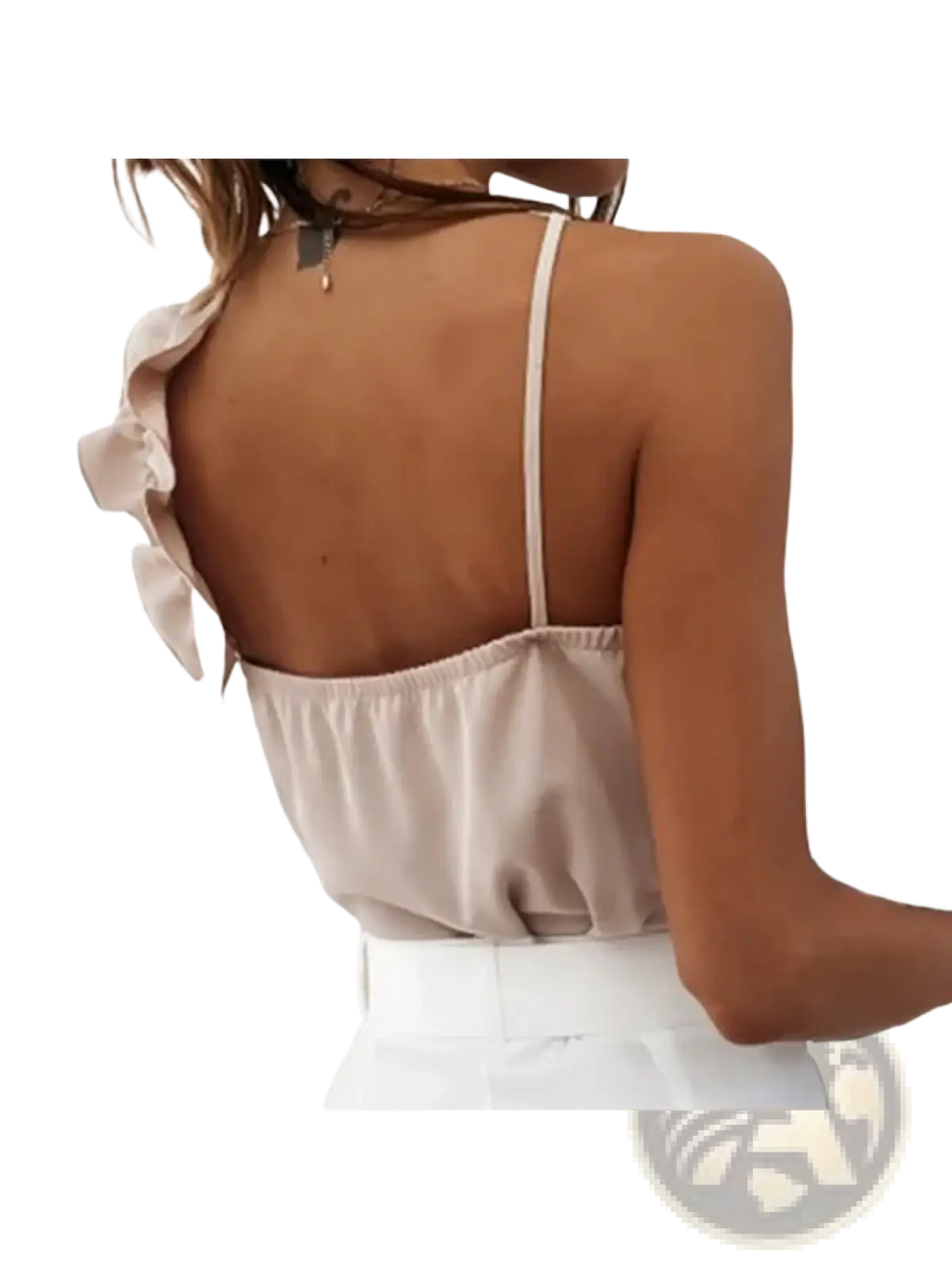 Beige satin ruffle v neck camisole top with delicate ruffled shoulder detail and thin spaghetti straps