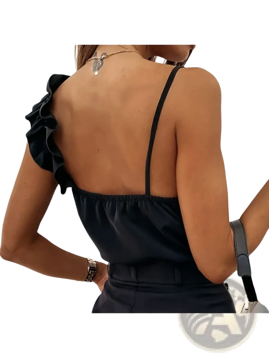 Black satin ruffle v neck camisole top with one shoulder ruffle, thin straps, and gathered neckline
