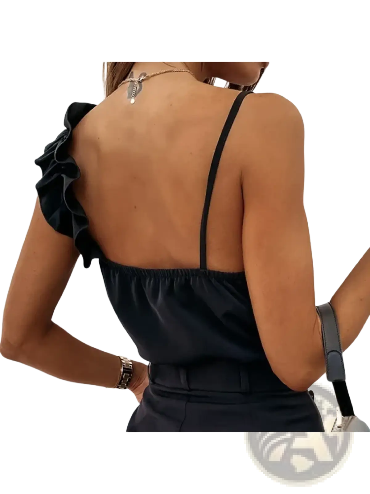 Black satin ruffle v neck camisole top with one shoulder ruffle, thin straps, and gathered neckline