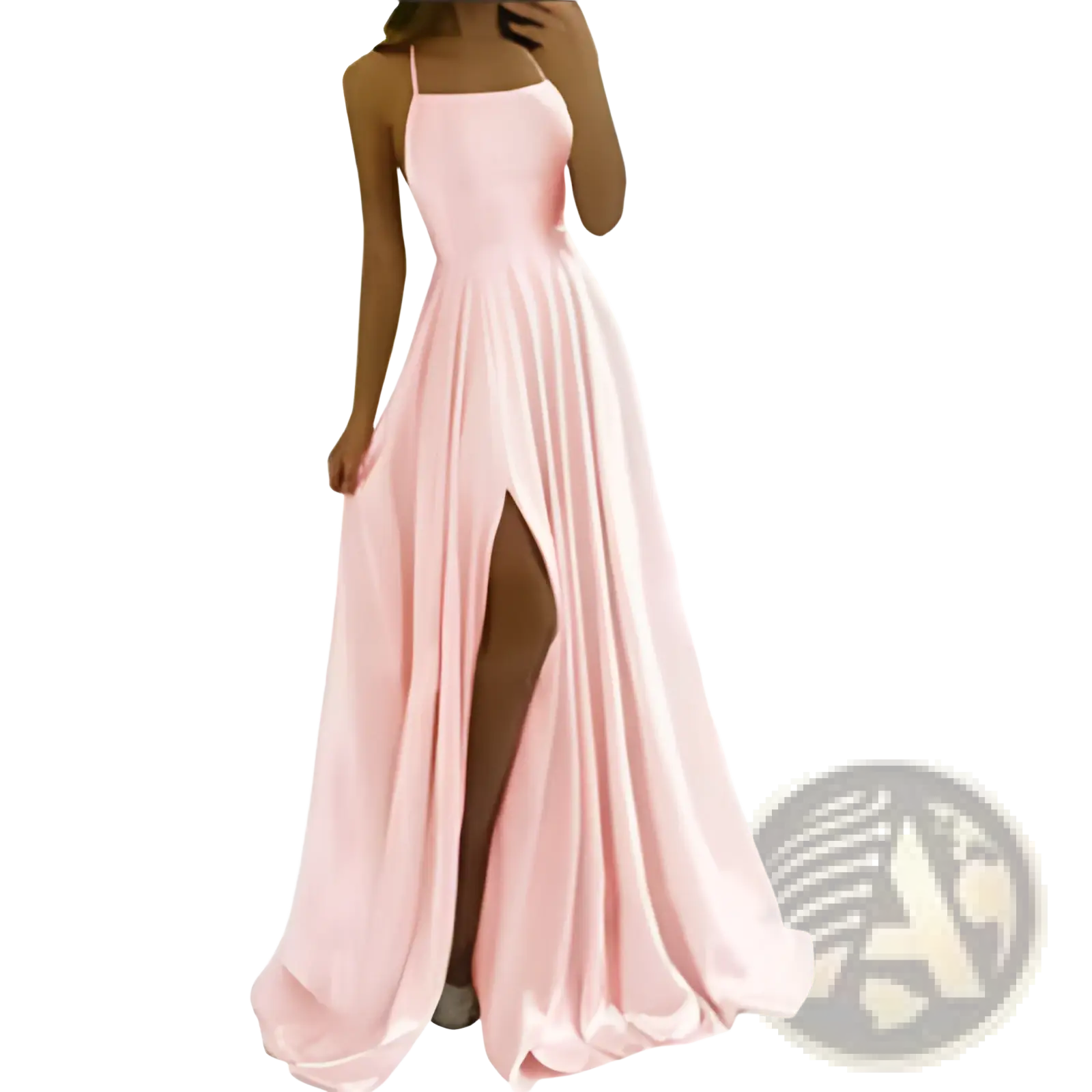 A flowing pink satin split maxi evening dress with thin spaghetti straps and a high slit for prom or formal events