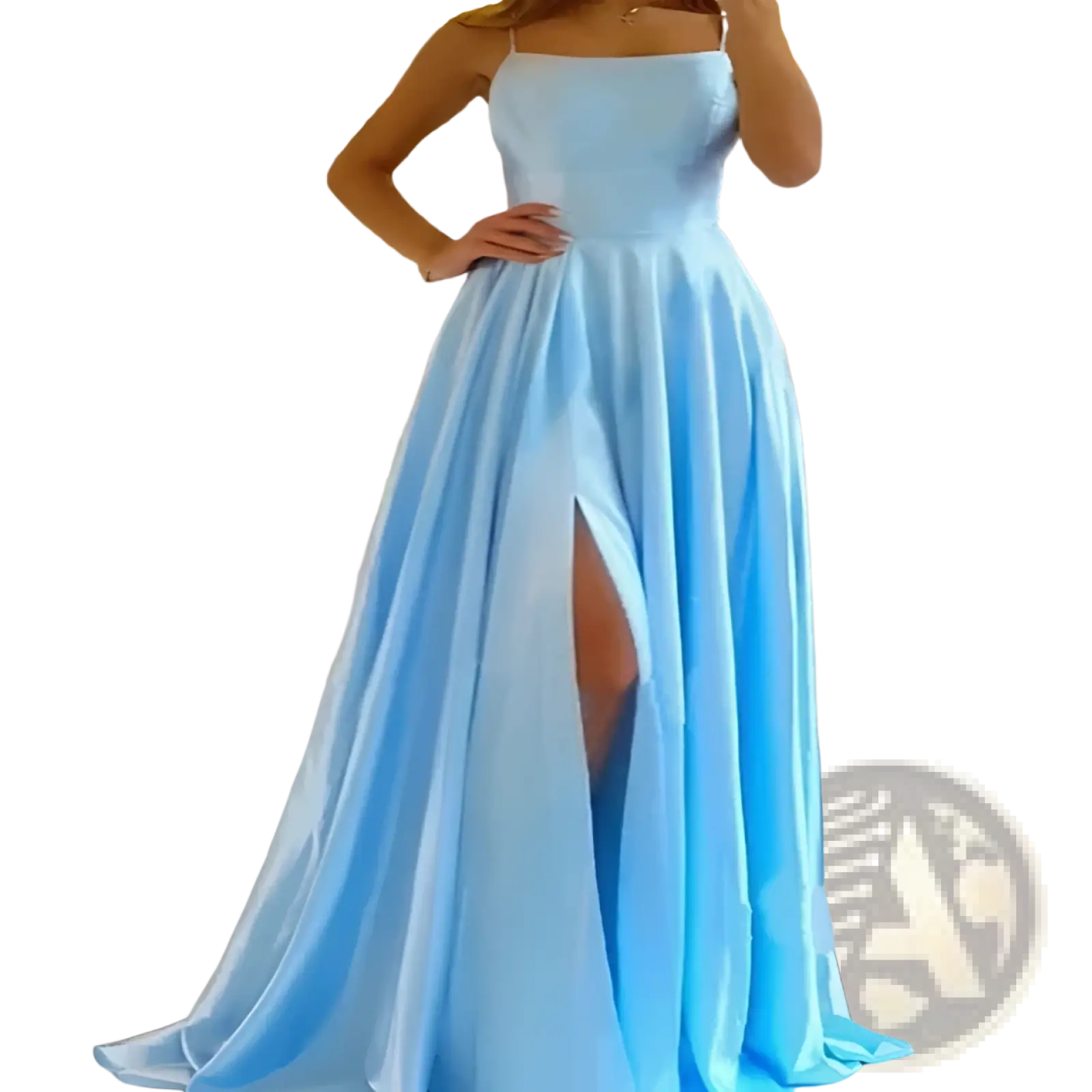 A flowing light blue satin split maxi evening dress with a high slit and fitted bodice for prom or formal events