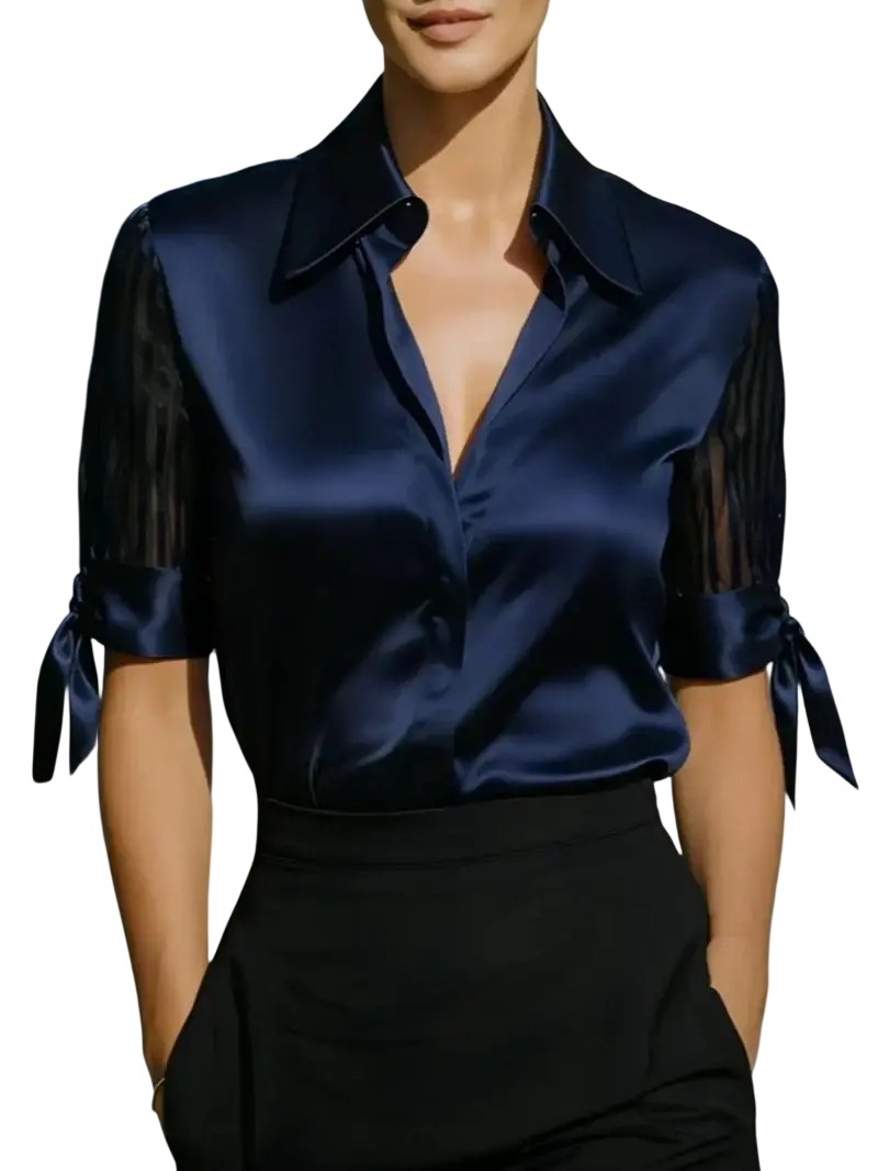 Deep navy satin blouse with sheer ribbed sleeves tied at the cuffs elegant satin tie cuff blouse red sheer sleeve shirt