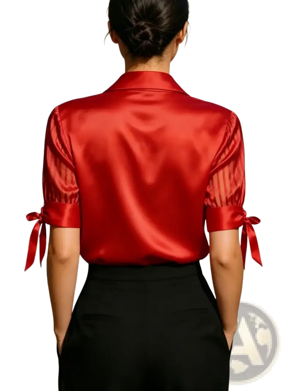 A vibrant red satin tie cuff blouse with sheer striped sleeves and matching ribbon ties at the cuffs
