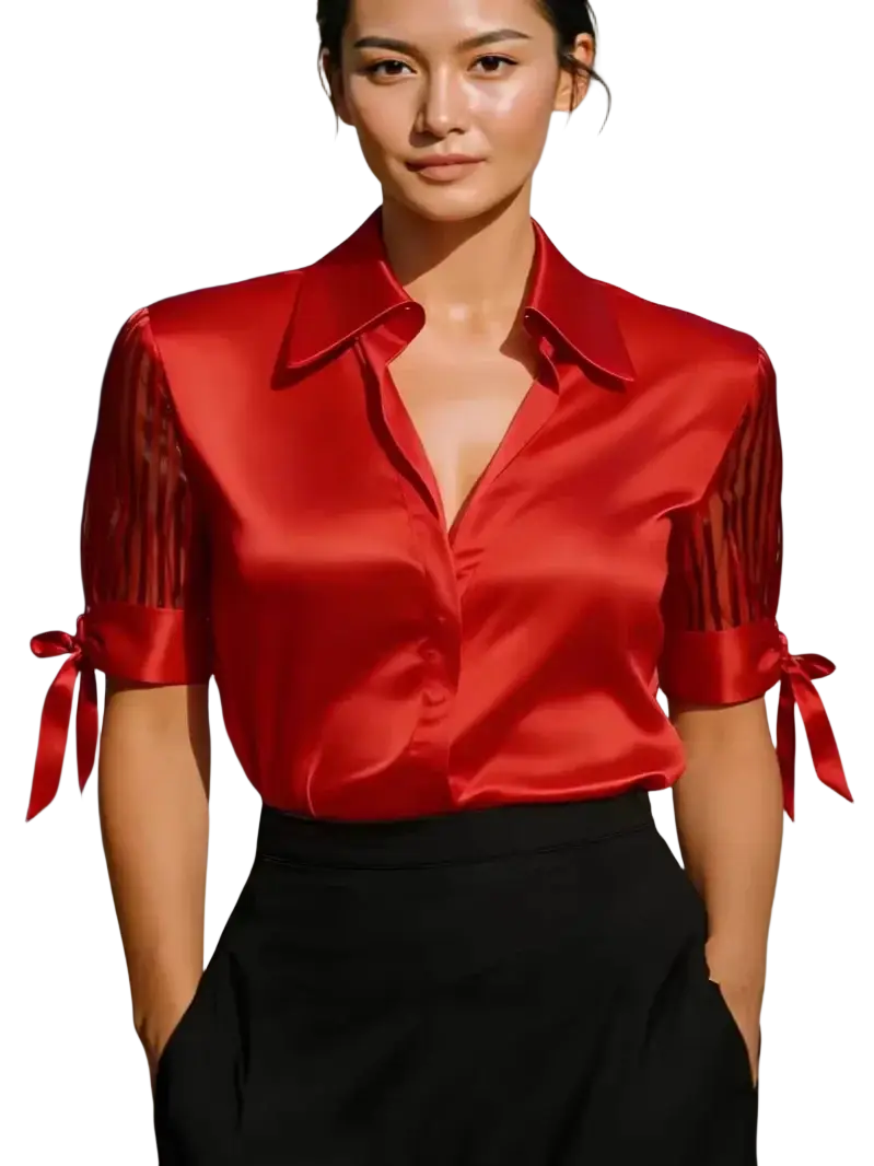 A vibrant red satin tie cuff blouse with sheer striped sleeves and matching bow ties at the cuffs