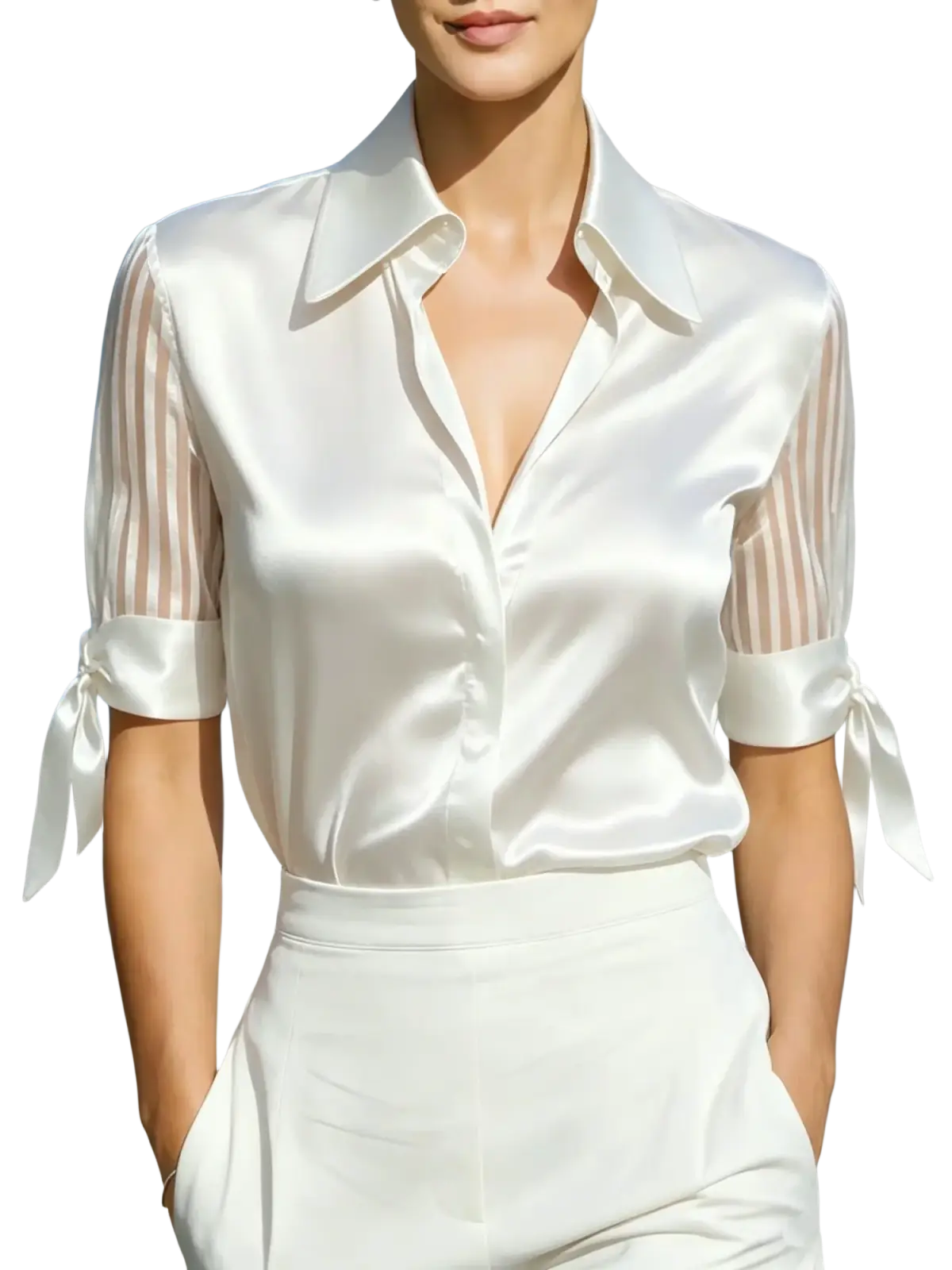 White satin blouse with sheer striped sleeves and tied cuffs in red sheer sleeve shirt style