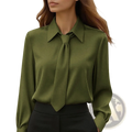 Olive green satin tie neck long sleeve shirt with classic collar and tied necktie detail