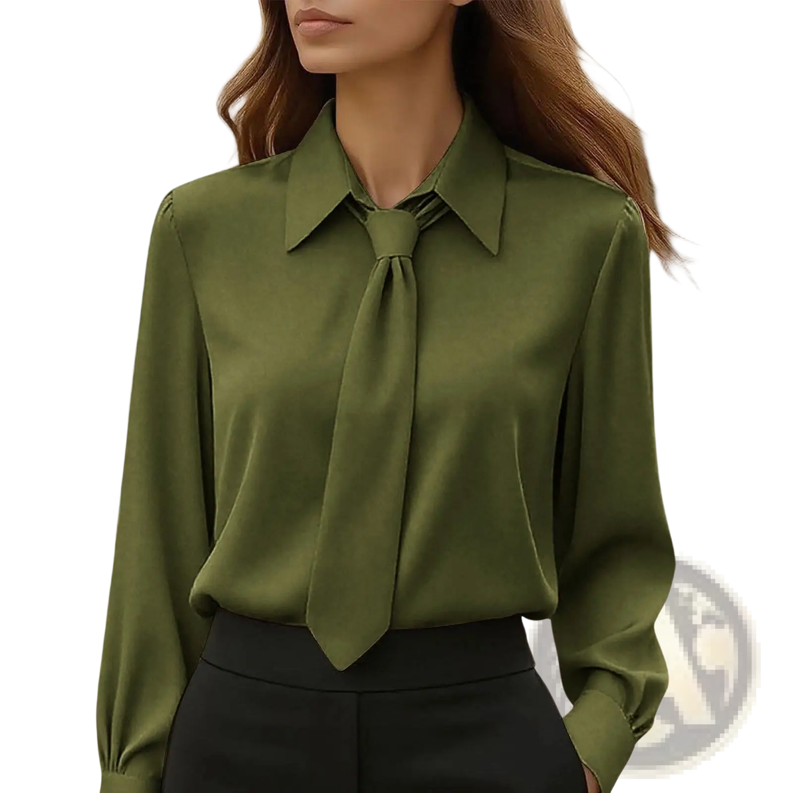 Olive green satin tie neck long sleeve shirt with classic collar and tied necktie detail