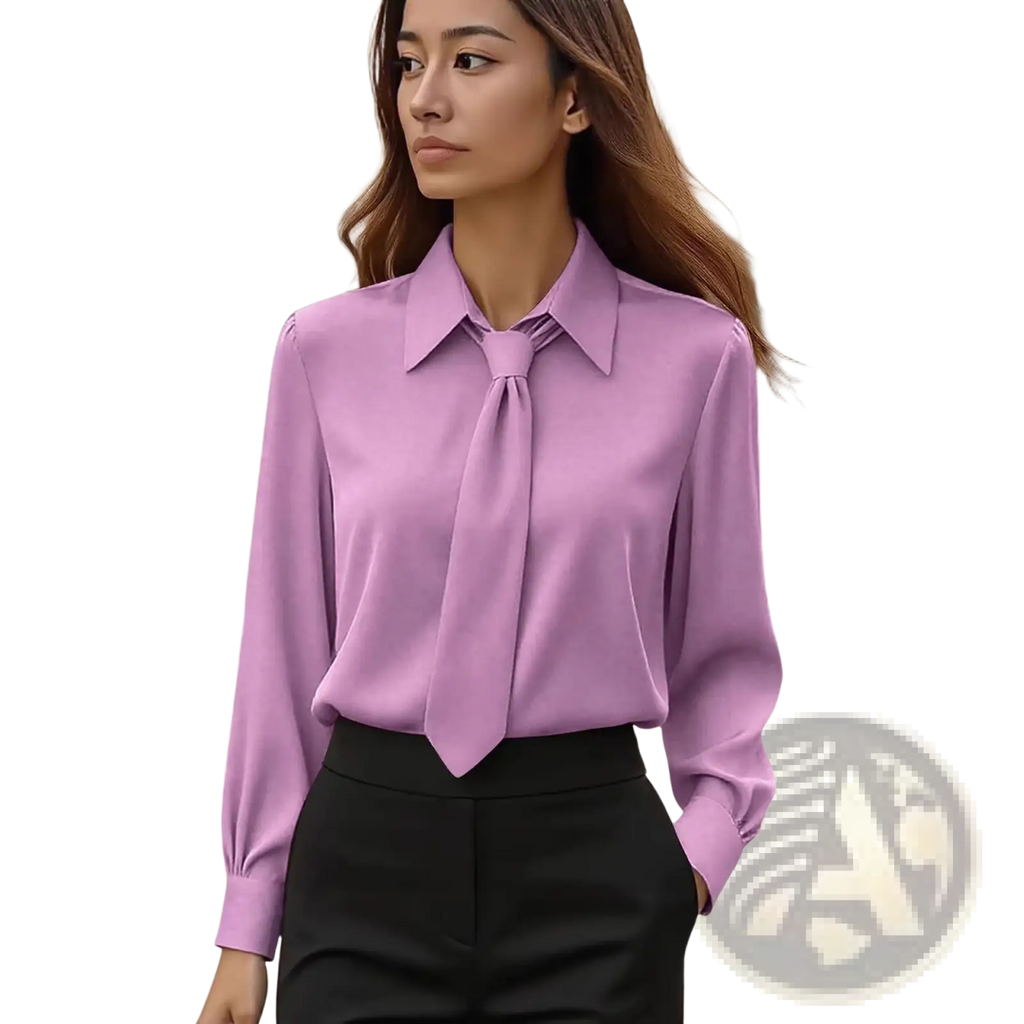 A lavender satin tie neck long sleeve shirt with a classic collar and elegant necktie detail