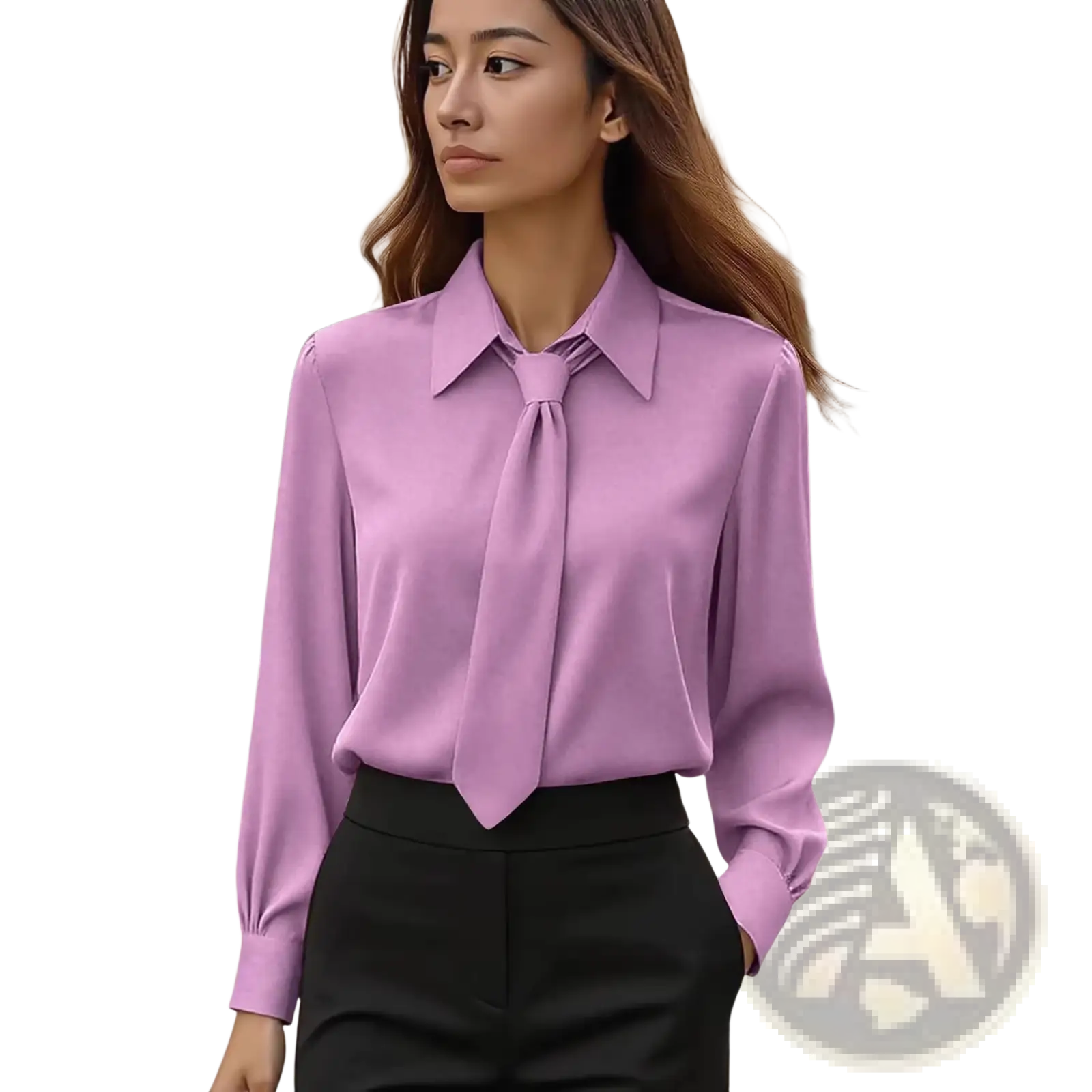 A lavender satin tie neck long sleeve shirt with a classic collar and elegant necktie detail