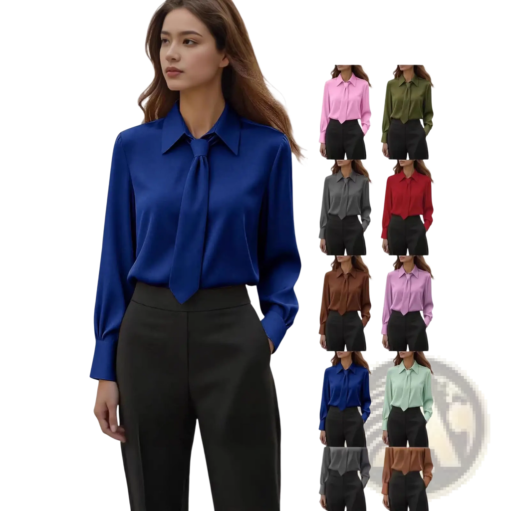 Royal blue satin tie neck long sleeve shirt featuring a tie-front design in smooth satin fabric