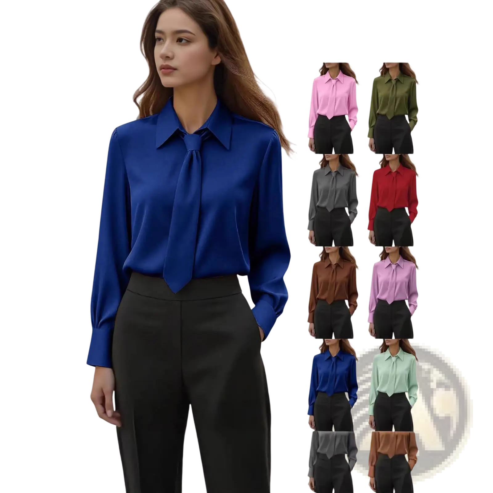 Royal blue satin tie neck long sleeve shirt featuring a tie-front design in smooth satin fabric