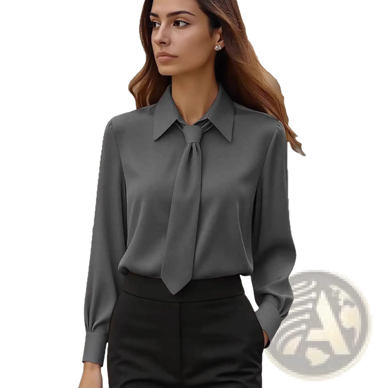 A sleek dark gray satin tie neck long sleeve shirt with classic collar and tied necktie detail