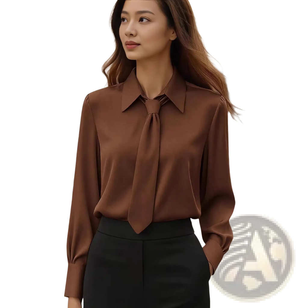 A sleek brown satin tie neck long sleeve shirt with classic collar and tied necktie detail