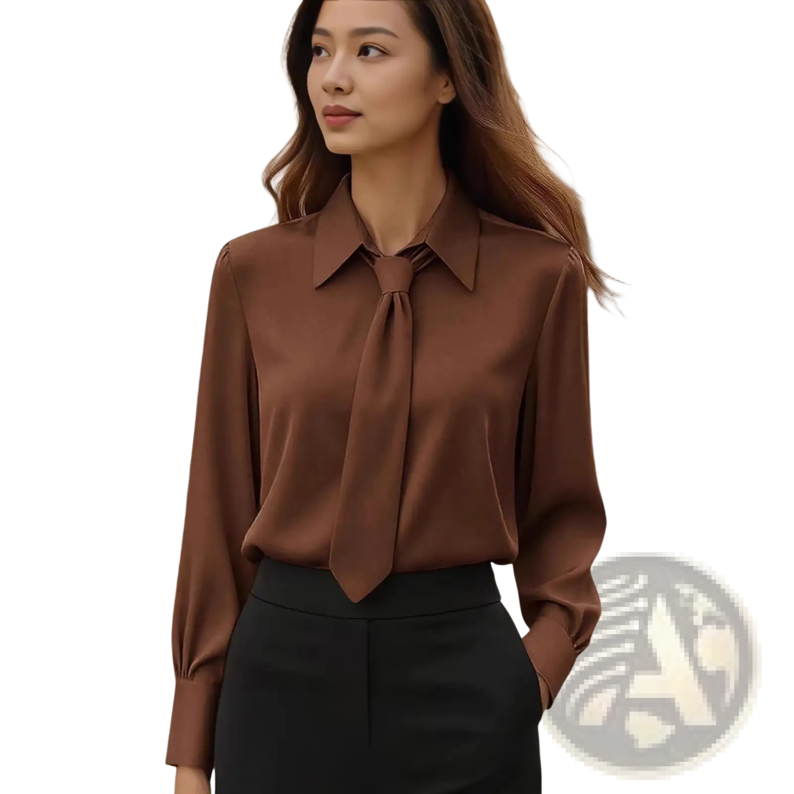 A sleek brown satin tie neck long sleeve shirt with classic collar and tied necktie detail