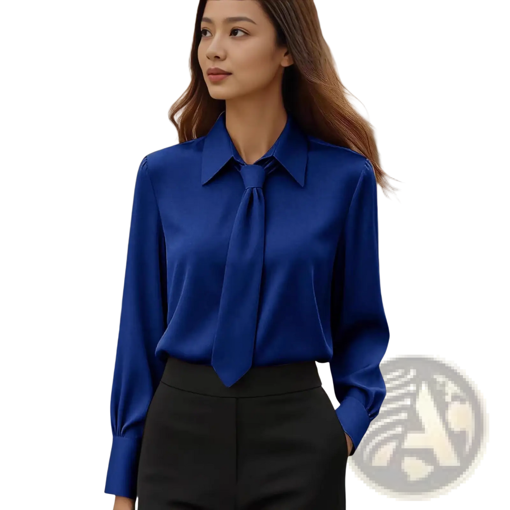 Vibrant royal blue satin tie neck long sleeve shirt with classic collar and tied necktie detail