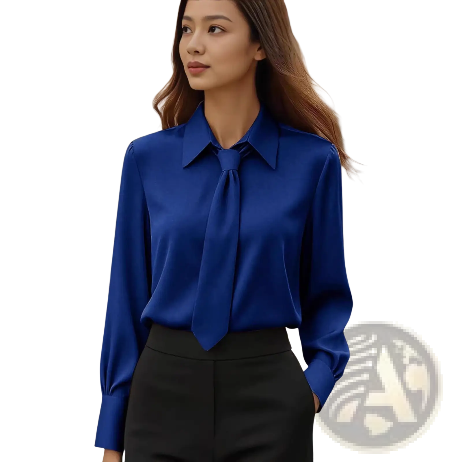 Vibrant royal blue satin tie neck long sleeve shirt with classic collar and tied necktie detail