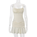 Cream-colored satin mini dress with ruched bodice corset-style waistband and flared skirt in satin two piece skirt set for women